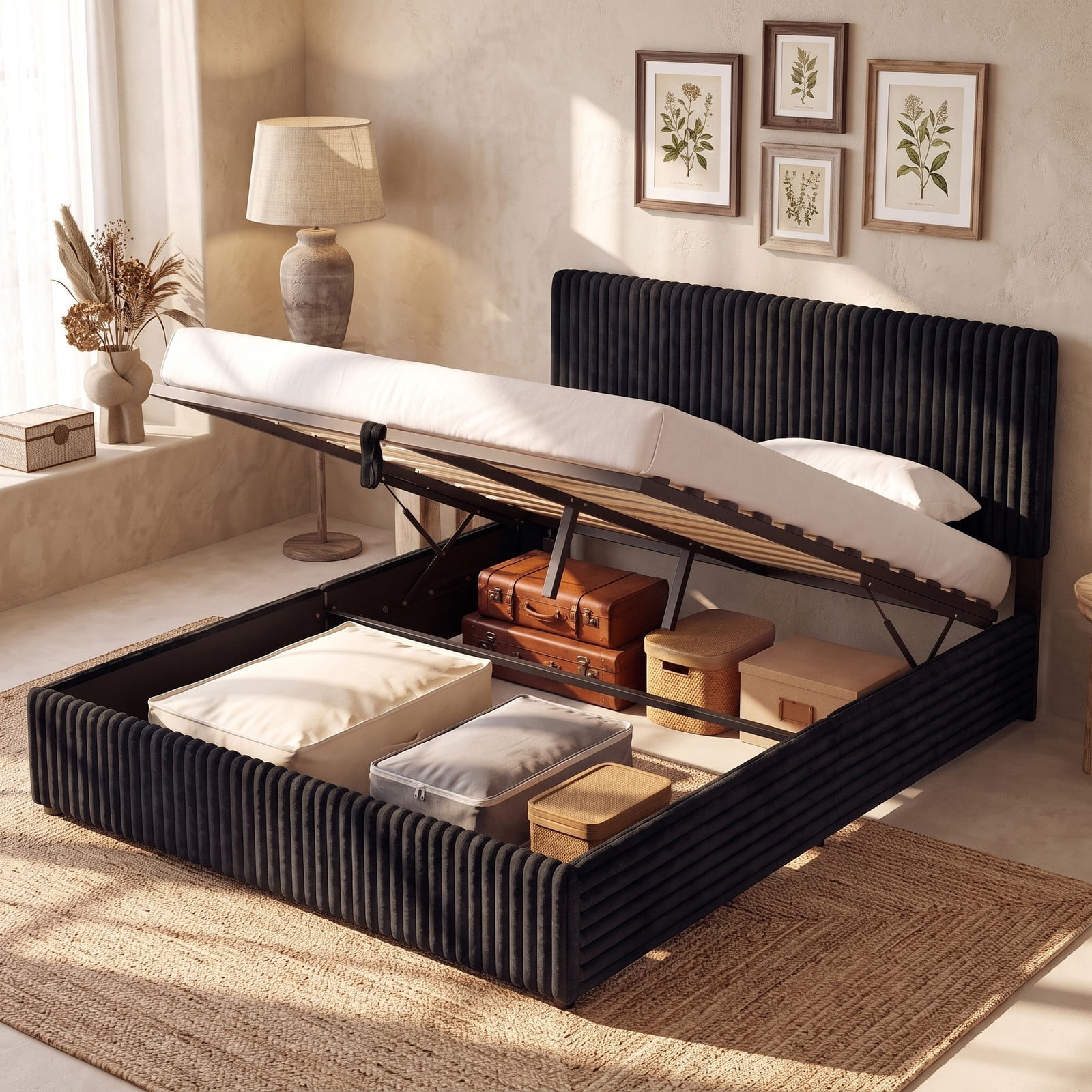 Furnibear Queen Size Lift Up Storage Bed Frame with Channel Tufted Upholstered Headboard, Platform Bed with Wooden Slat Support for Bedroom, Black