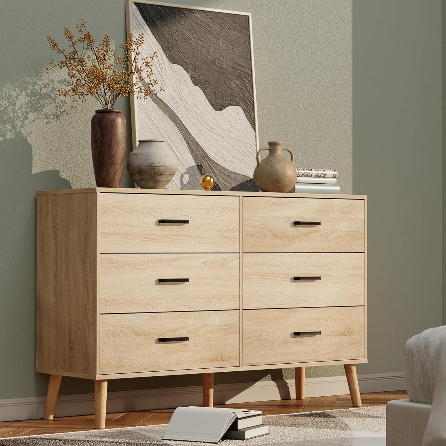 Meteorleg 6 Drawer Dresser for Bedroom, Wood Oak Dresser with Wide Drawers and Metal Handles,Modern Dresser Chest for Bedroom,Living Room,Entryway