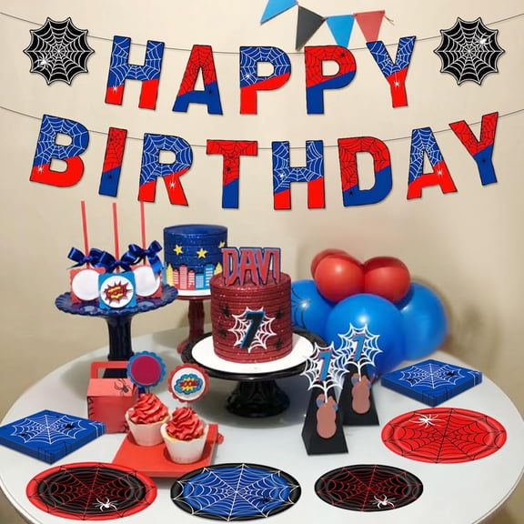 Spider Web Theme Birthday Party Decoration Set, Including Letter Banners, Paper Plates, Tissues and Multi-Piece Combination Pack