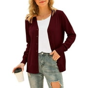 POPYOUNG Women's V Neck Button Down Knitwear Long Sleeve Soft Basic Knit Cardigan Sweater Wine Red 1X
