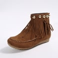 thumbnail image 4 of FRSASU Women's Faux Suede Fringe Ankle Booties Back Zipper Closure Moccasin Toe Low Wedge Heel Short Boots Brown, 4 of 9