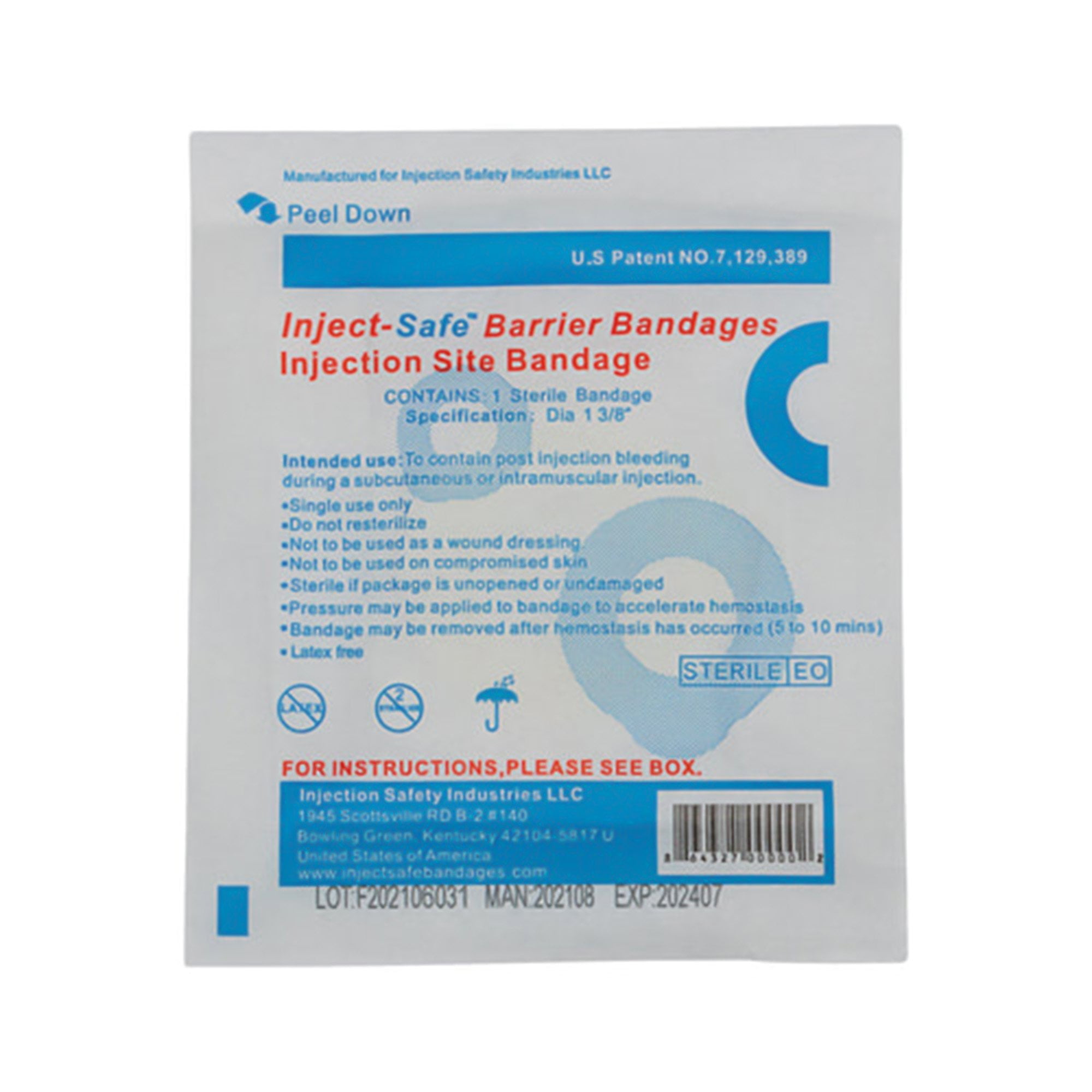 Inject-Safe Sterile White Round Injection Barrier Strip Bandages, 1.375 inches, 100 Count, 1 Pack