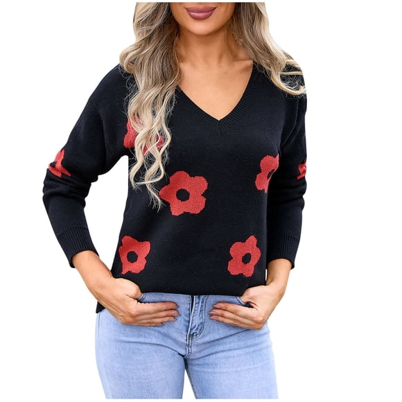 Cameland Women's Printed V-Neck Sweater Comfortable Warm Casual Long Sleeve Sweater