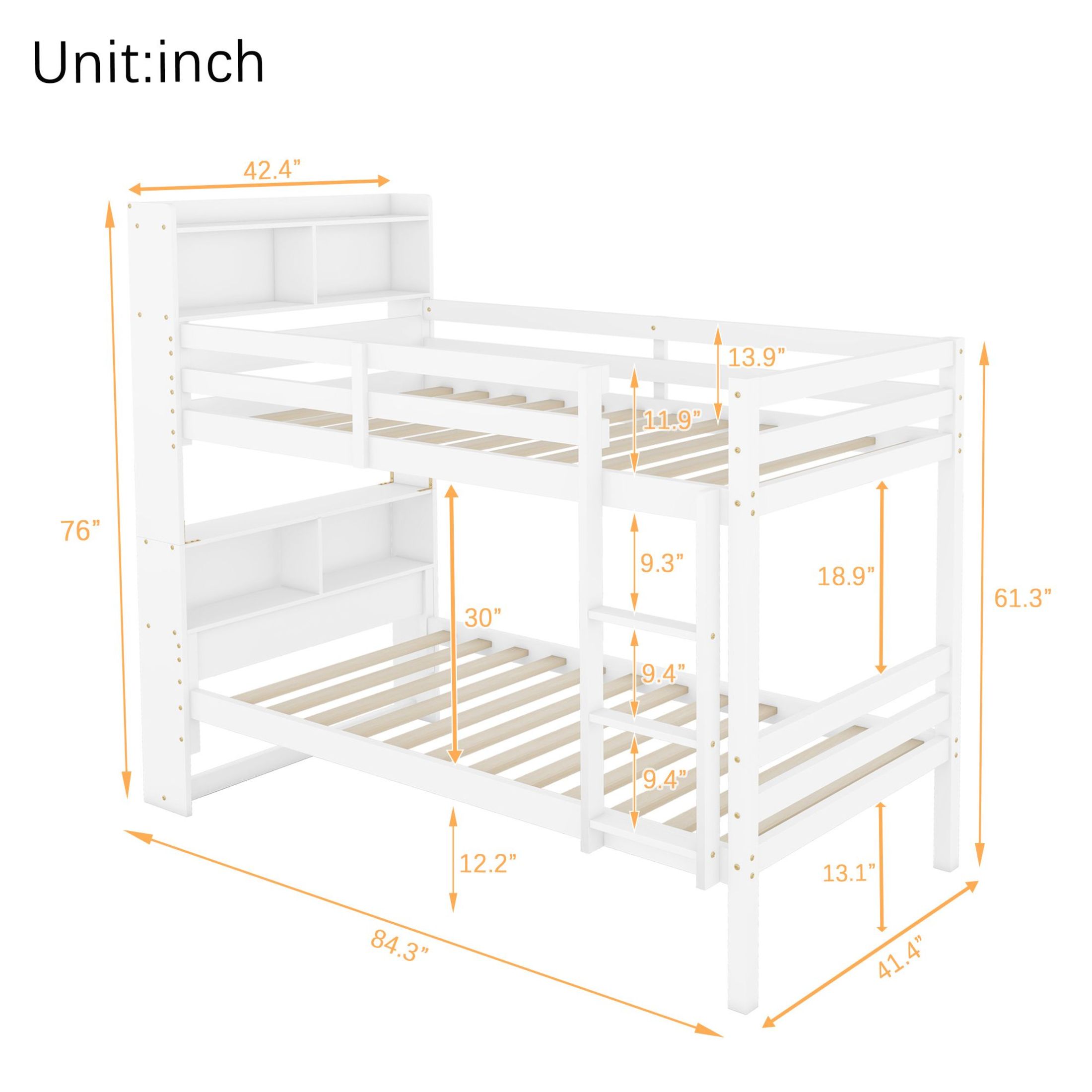 Noble House Twin Over Twin Bunk Bed, Rubber Wood Frame with Shelves Headboard & Detachable Design, White