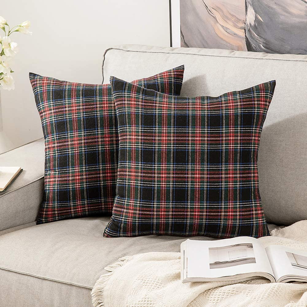 MIULEE Pack of 2 Decorative Throw Pillow Covers Checkered Plaids Tartan Linen Rustic Farmhouse Square Cushion Case for Bench Sofa Couch Car Bedroom Blue 18x18 inch 45x45 cm 
