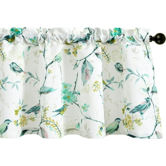 Birds Vines Printed Curtains Valance for Kitchen Bath Laundry Bedroom Living Room, Rod Pocket Semi-Blackout Valances for Windows, 52 x 18 Inch, Green Birds, One Panel