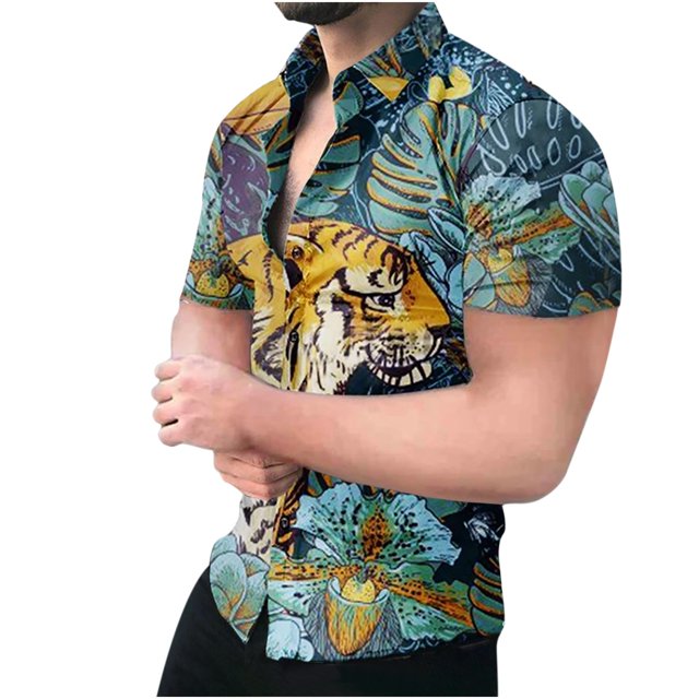 Camisa hawaiana de manga corta con cuello levantado para la playa para hombre, camisas informales con botones estampadas de verano Fridja hkj1643