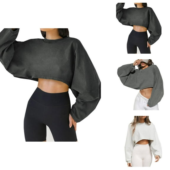 Cropped Tops for Women 2025 Long Ballon Sleeve Crewneck Loose Fit Casual Workout Shirts Sweatshirt Pullover