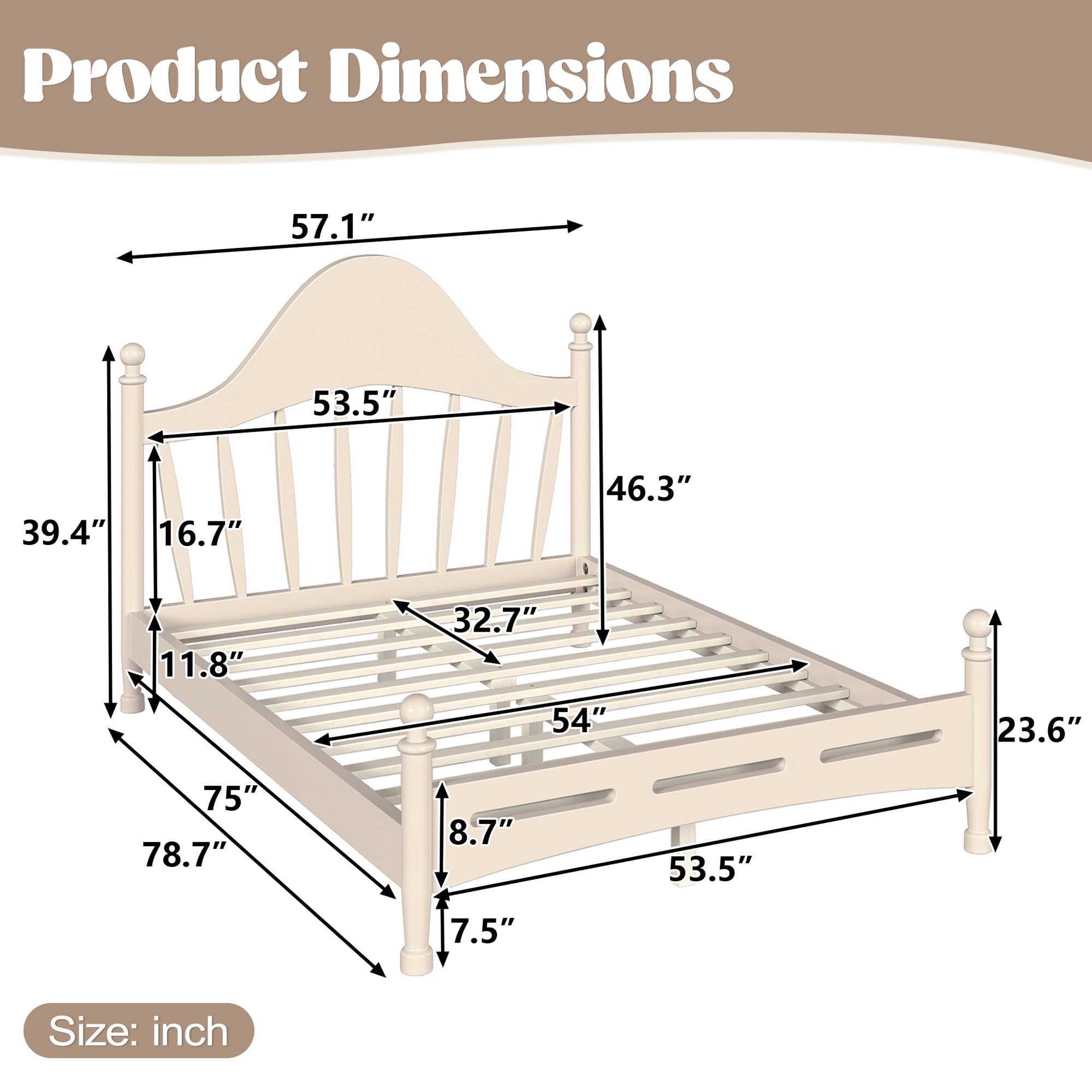 Leumius Full Size Platform Bed with Chic Headboard, Solid Wood Bed Frame with Slatted Support, Low to Ground Design for Bedroom Beige