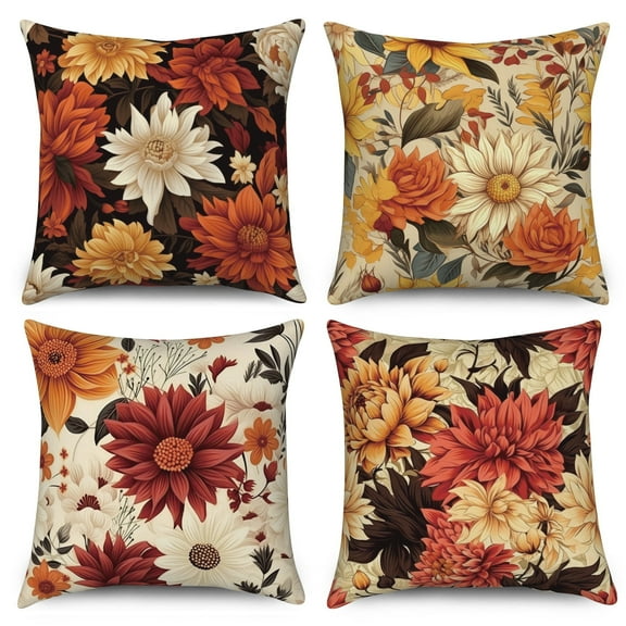 Pbobriich Boho Floral Pillow Covers 18x18 inches Red Yellow Beige Throw Pillow Case Set of 4 Spring Flower Pillowcase Cushion Cover for Sofa Bedroom