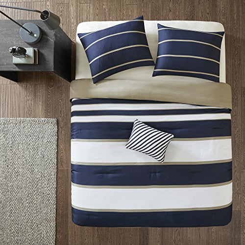 Comfort Spaces Verone Comforter Set Ultra Soft Microfiber Printed for College Dormitory, Guest Room Bedding, Queen, Stripe Blue/White,CS10-0189