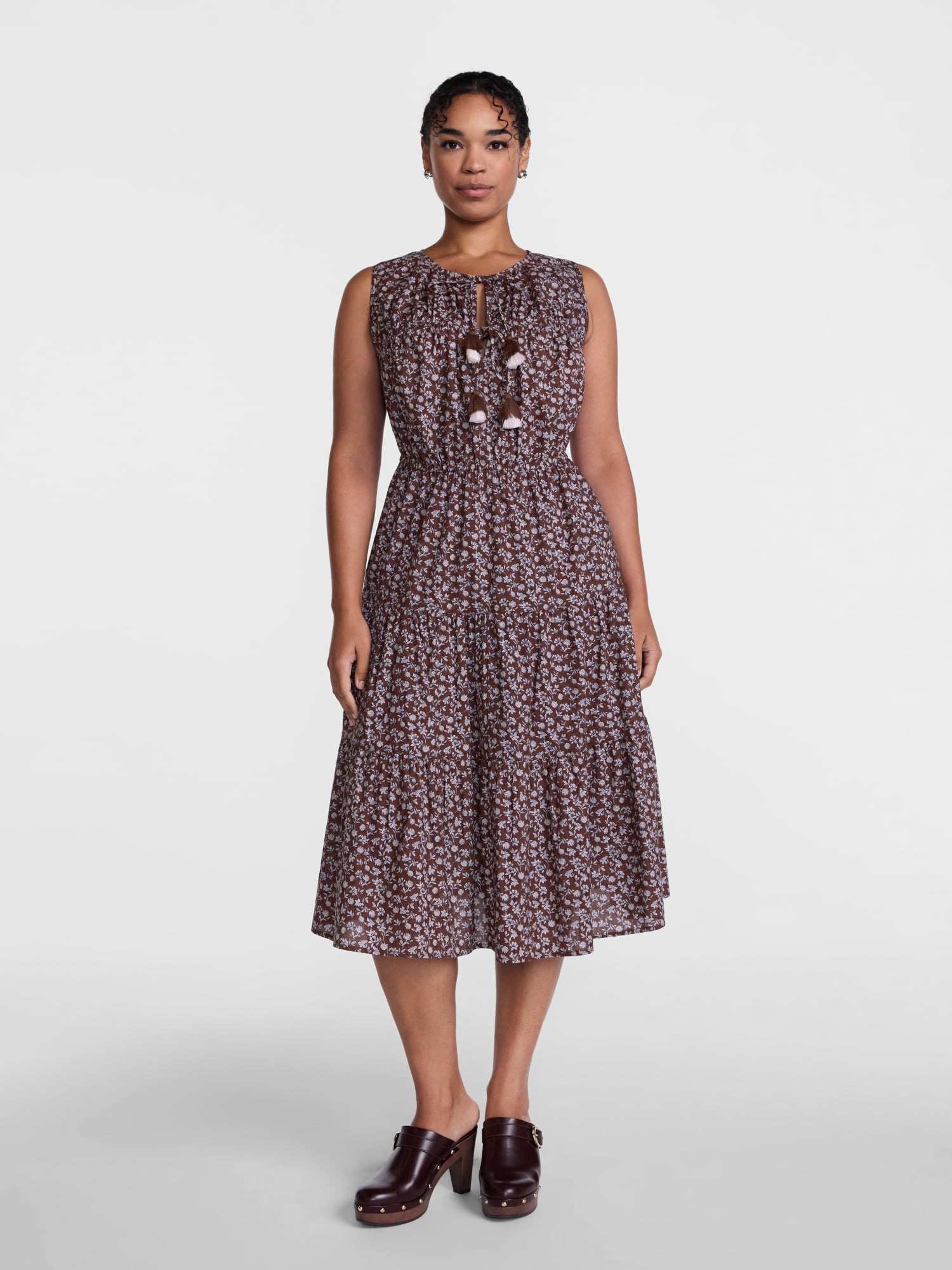 Scenario Women's and Women's Plus Sleeveless Tie Neck Tiered Midi Dress, Sizes XS-4X