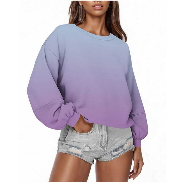 cfhntfmh Chandails en Molleton Surdimensionnés pour Femmes Col Rond Manches Longues Hauts Chandail Dégradé Mode Automne