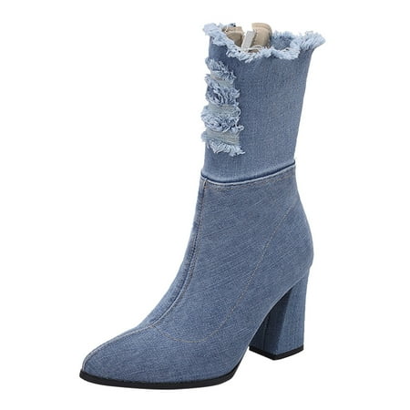 OJSFQUFP Winter Womens Boots Women s Fashion Autumn Women s Boots Denim Hollow Side Zipper Short Boots Comfortable Fall Shoes Platform Booties for Women 39