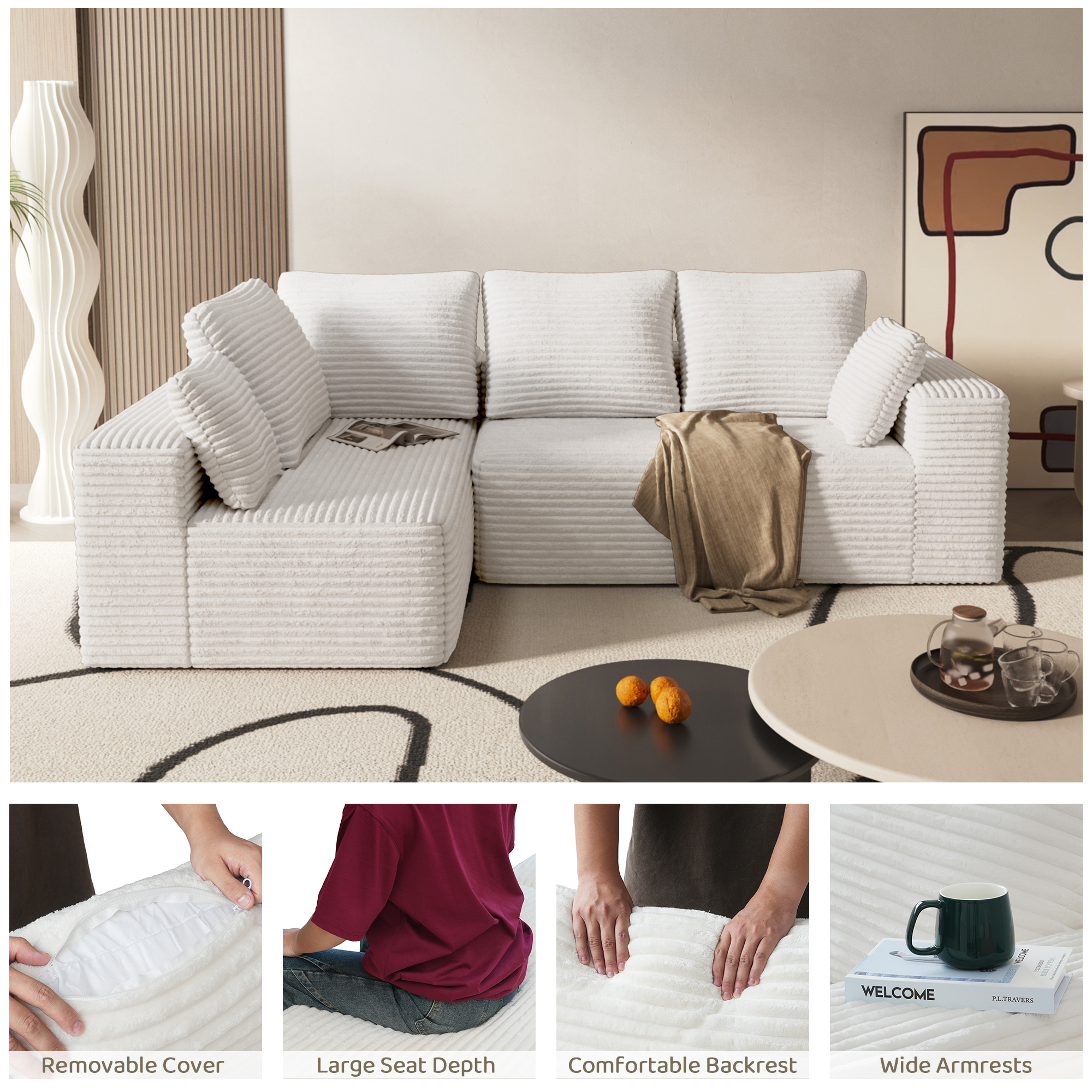 134" Modern L-Shaped Sectional Sofa for Living Room Bedroom, Modular Cloud Sectional Couch with Deep Seating Upholstered Sofa, Free Combination Sofa, Corduroy Upholstery, No Assembly, Beige Couch
