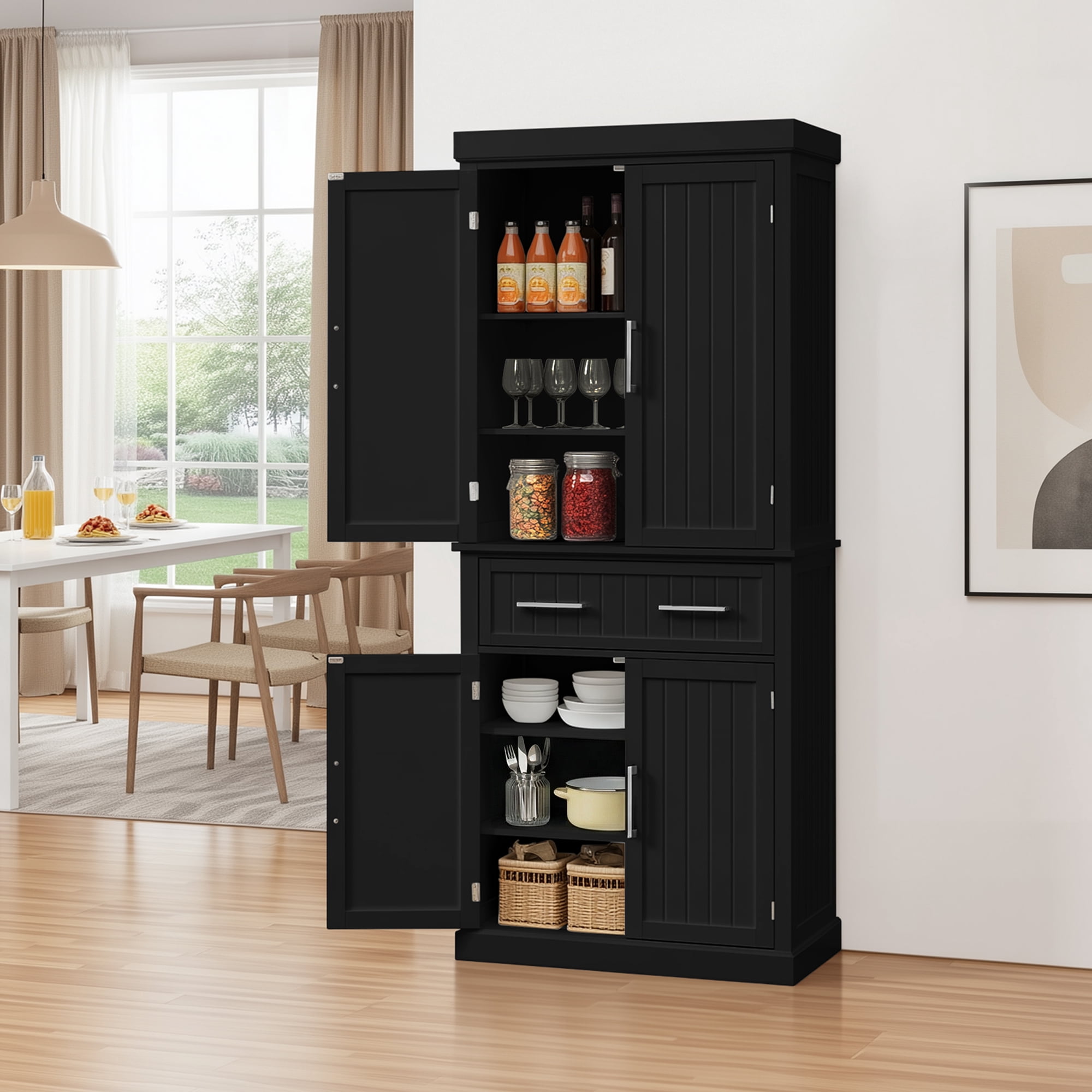 Renwick Freestanding 72.5'' Pantry Cabinet with Doors and 2 Adjustable Shelves, Black