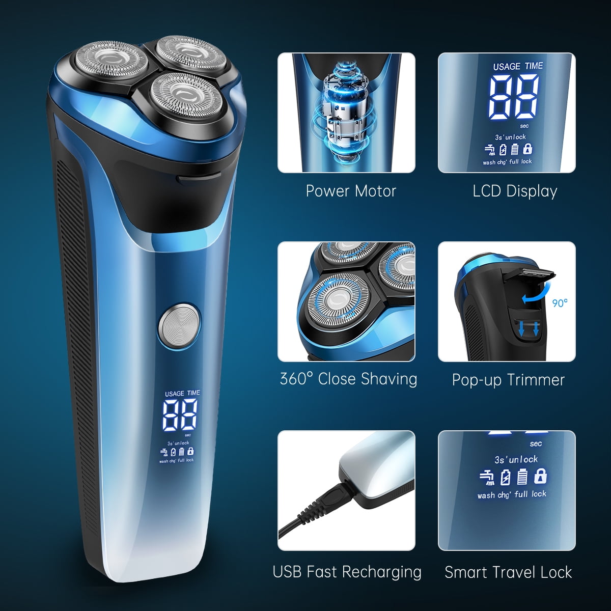 4D Electric Shaver for Men, IPX7 Waterproof Electric Razor Dry Wet Rotary Face Shaver Rechargeable Cordless Travel Beard Trimmer w/ LED Display & Charging Stand & Pop Up Trimmer for Dad Husband