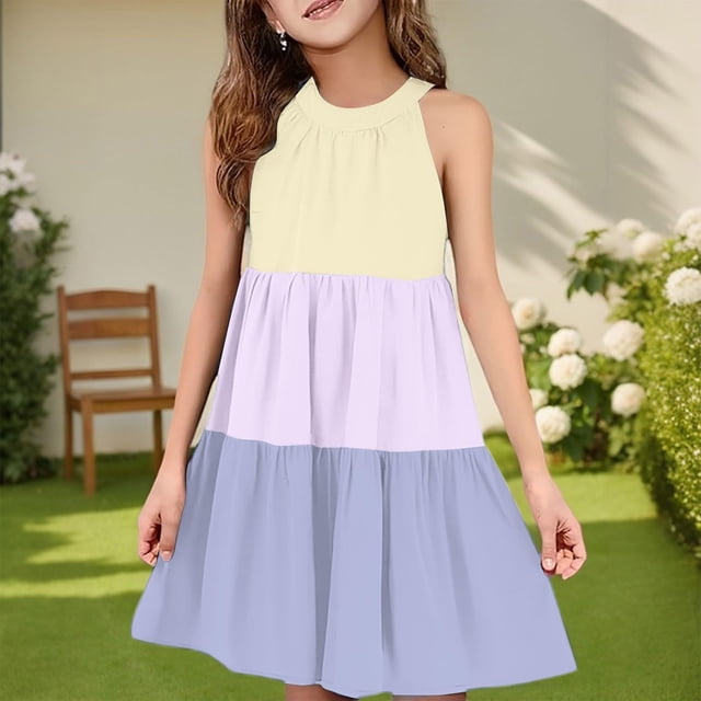 QTBIUQ Robe Patchwork Sans Manches à Col Rond 3 Tons pour Fille avec Camisole et Poche, Décontractée, Quotidienne, Polyvalente, pour Vacances, Fête, Jeu, Ensemble d'Été, Style Mignon et Concis (Violet, 5-6 Ans)