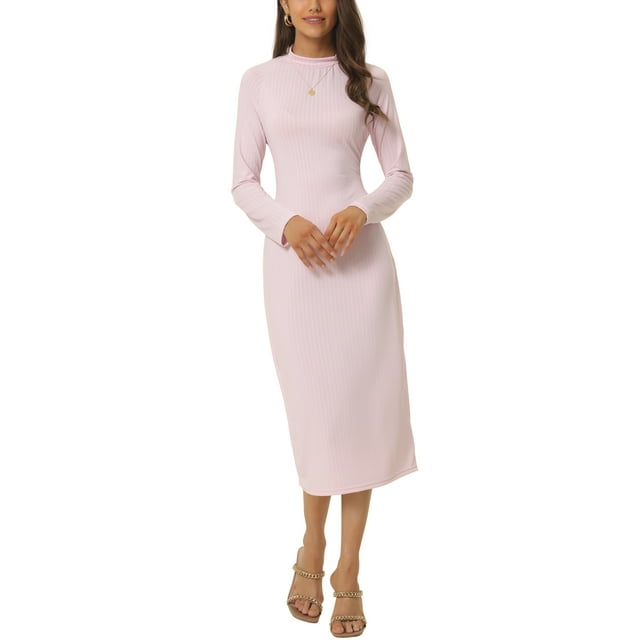 INSPIRE CHIC Vestido Midi de Punto con Cuello Redondo, Espalda Torcida y Mangas Largas, Corte en la Espalda, Color Rosa
