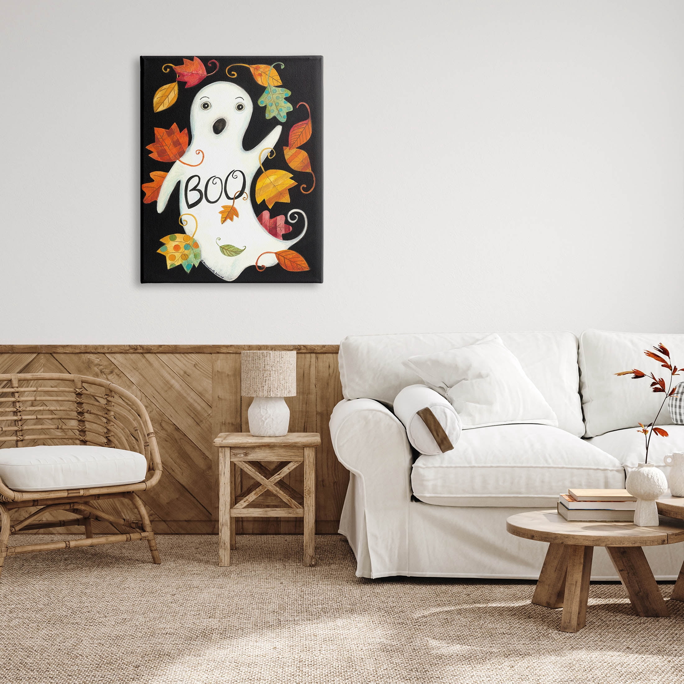 Vintage Boo Ghost Patterned Leaves Holiday Graphic Art Gallery Wrapped Canvas Print Wall Art