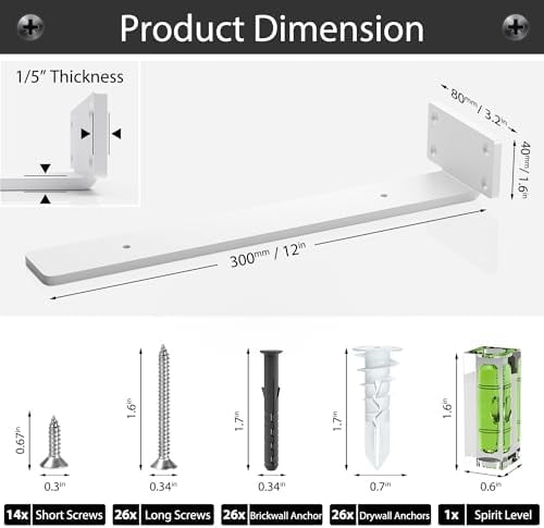 6 Pack Floating Shelf Bracket 12 Inch, Heavy Duty Hidden L Brackets, DIY Rustic Industrial Shelf Brackets with Modern Iron Finish(White)