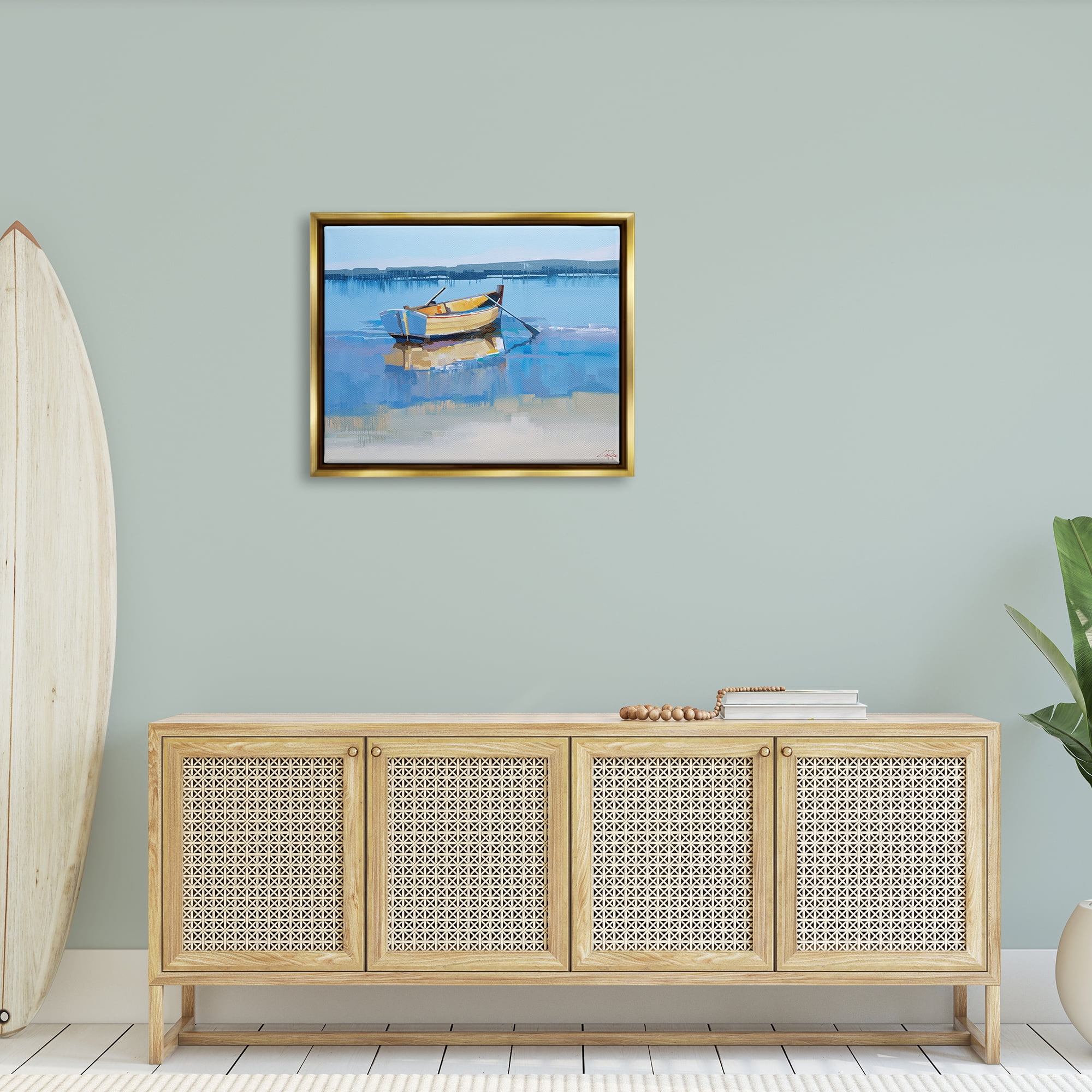 Stupell Industries Row Boat on Blue Coastal Shore Beach Landscape Metallic Gold Framed Floating Canvas Wall Art, 24x30, by Craig Trewin Penny