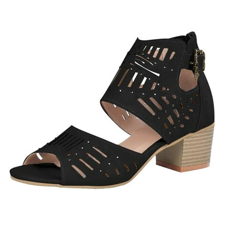 

TOYFUNNY Womens New Thick High Heel Fish Mouth With Drill Hollow Buckle Large Size Casual Shoes Sandals