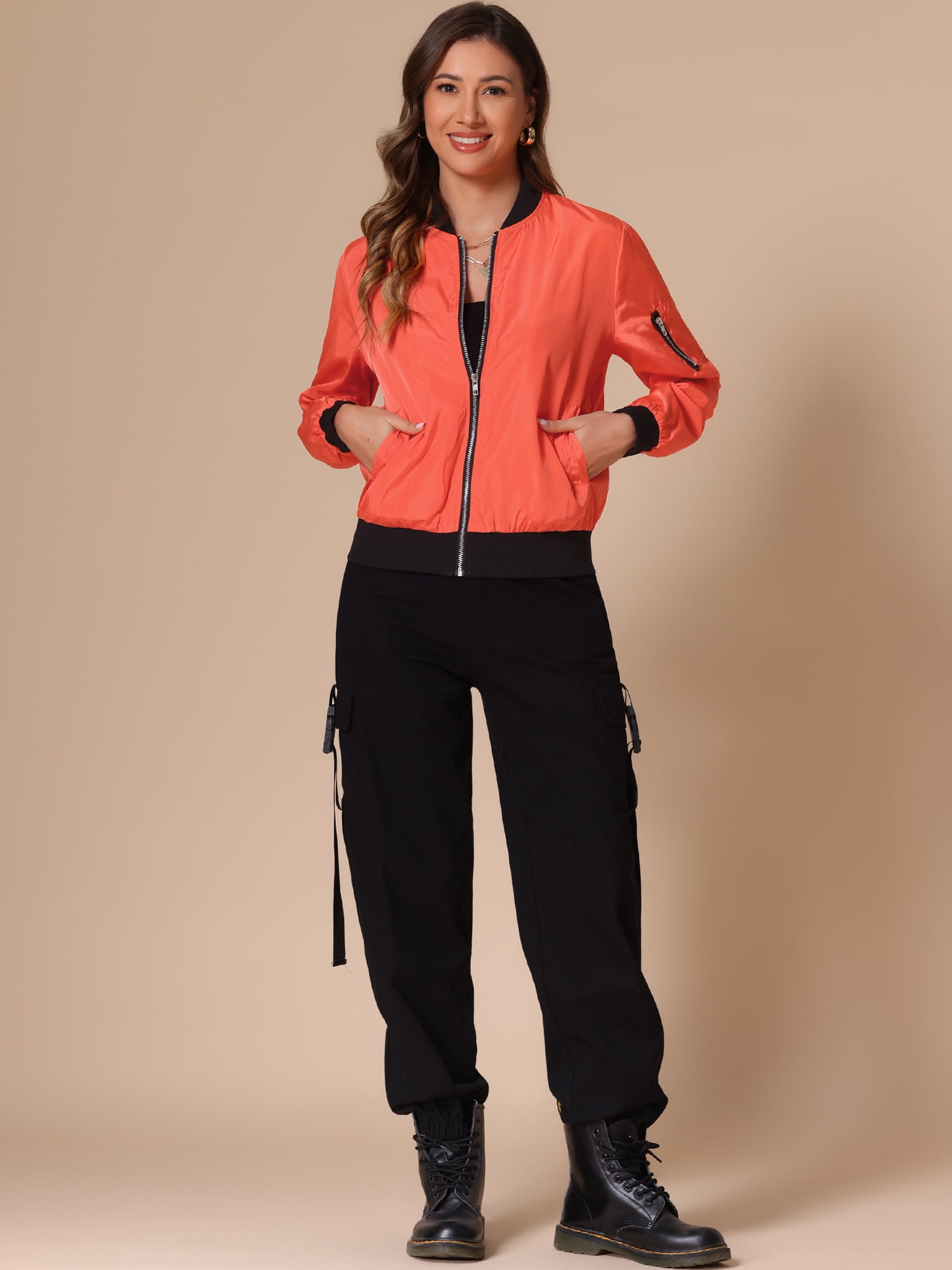 DARING DIVA Windbreaker Outerwear Casual Zip Up Bomber Jacket S Orange