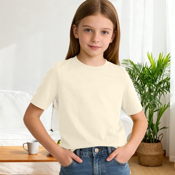Amidoa Girls Short Sleeve Crewneck Summer Graphic T Shirts Kids Casual Tops Beige Size 11