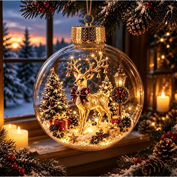 Glowing Christmas Diorama Ornament, Detailed Golden Reindeer Lighted Acrylic Ball, Decorative Hanging Ornament for Holiday Gift Exchange and Tree Decoration