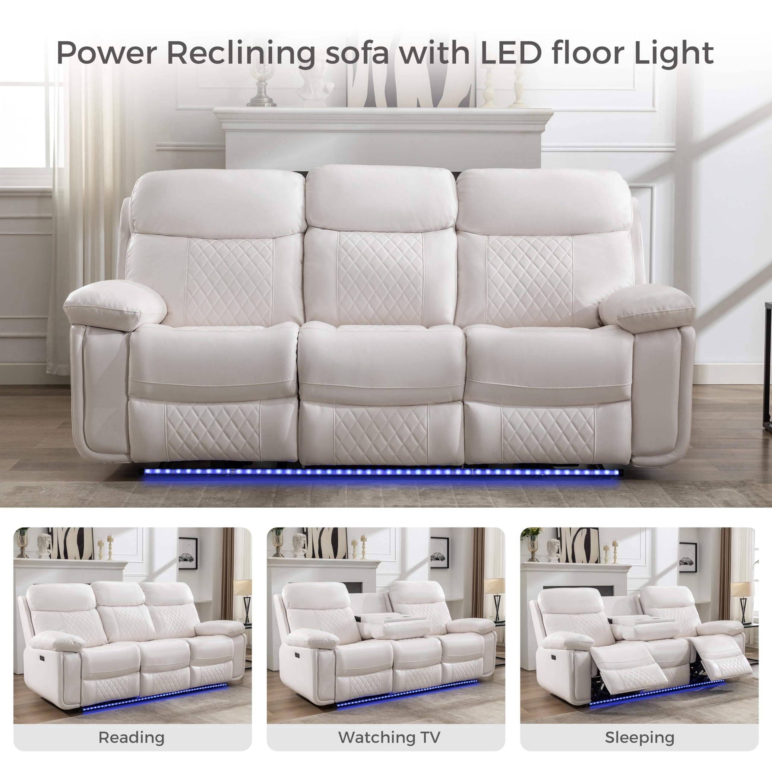 Comfort Stretch 3 Seater Power Recliner Chair Sofa Set for Living Room,Faux Leather Electric White Home Theater Seating Reclining Sofa Couch with Flipped Middle Backrest,LED Light,USB Port,Cup Holders