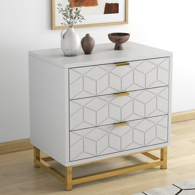 AKDSteel Commode Moderne Blanche à 3 Tiroirs, Commode en Bois avec Poignées en Métal Doré pour Chambre Ou Salon