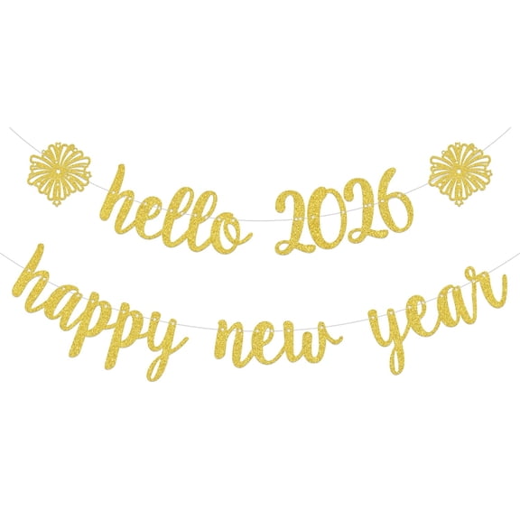 Hello 2026 Happy New Year Banner Cheers to 2026 Banner New Years Eve Party Decoration Gold Glitter