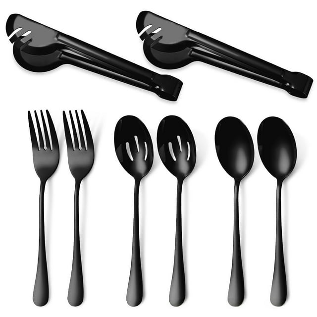 Ensemble d'Ustensiles de Service en Acier Inoxydable Premium 410: Design Résistant à la Rouille et aux Fuites avec Pinces à Steak, Cuillère à Fentes et pour Repas Élégants – Facile à Nettoyer, Polyvalent pour Repas Décontractés à Fins (Noir)