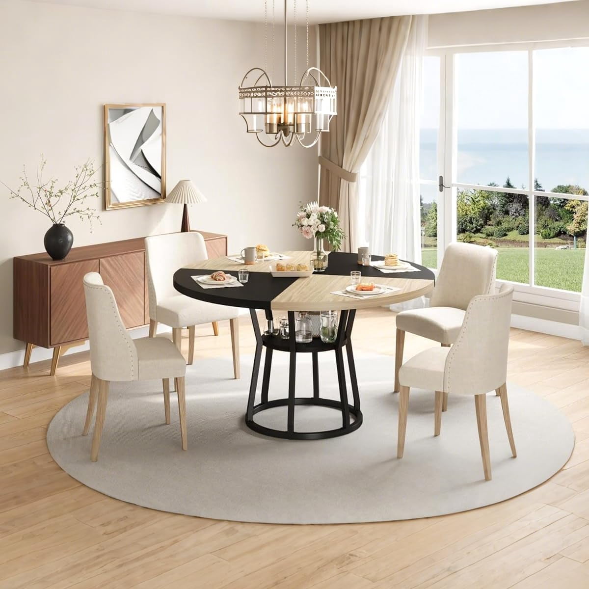 JoanKaren 47.2" Farmhouse Round Dining Table,Space Saving Wood Kitchen & Dining Room Circle Table Furniture with Storage and Metal Legs,Black Oak