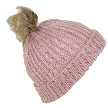 Best Winter Hats Cuffed Rib Knit Beanie W/Soft Faux Fur Pom Pom (One Size)(Small) - Antique