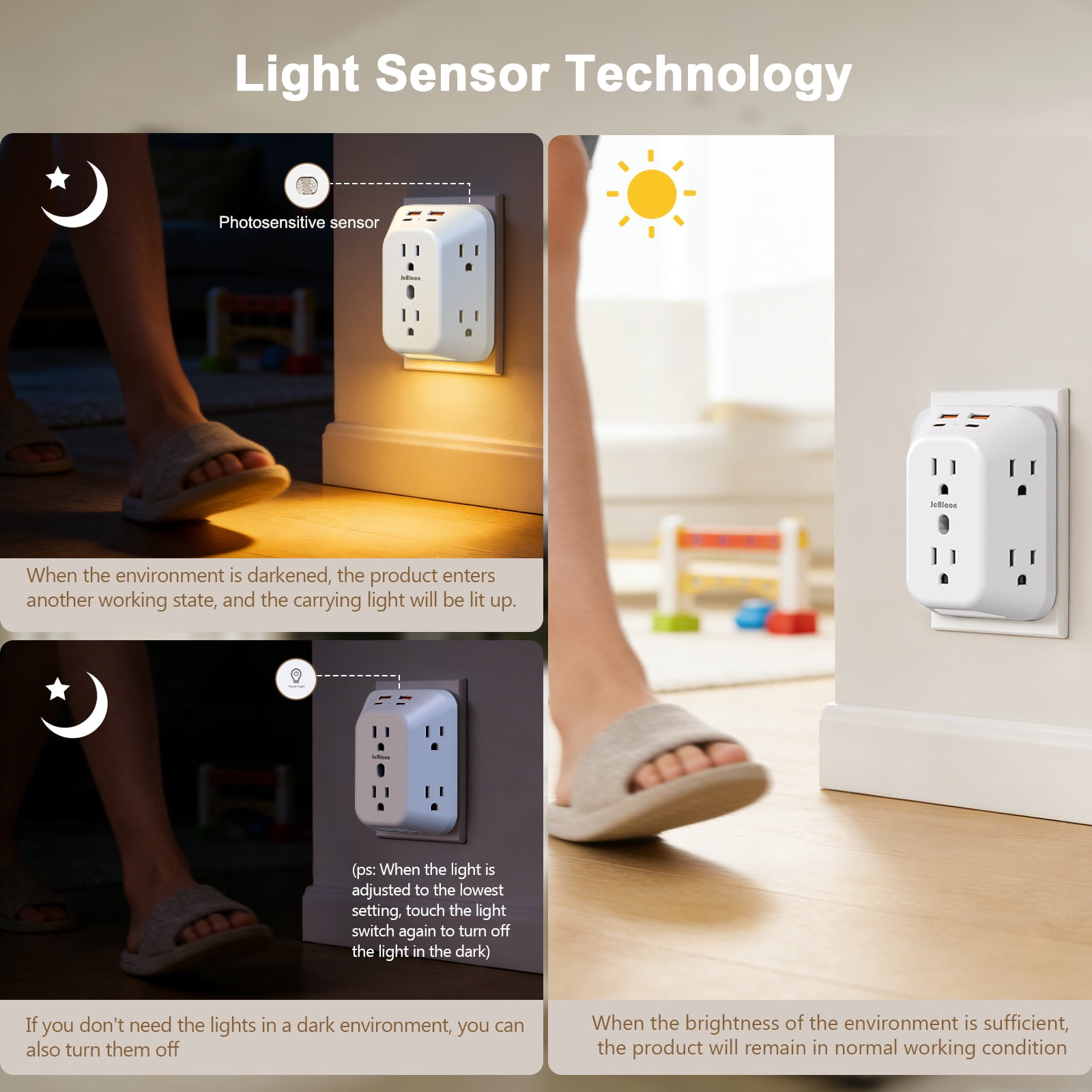 10-in-1 Upgraded USB Wall Outlet - 3-Sided Surge Protector with Auto Dark Sensor & Touch Switch, 3 Modes Warm Night Light with Auto Sensor,