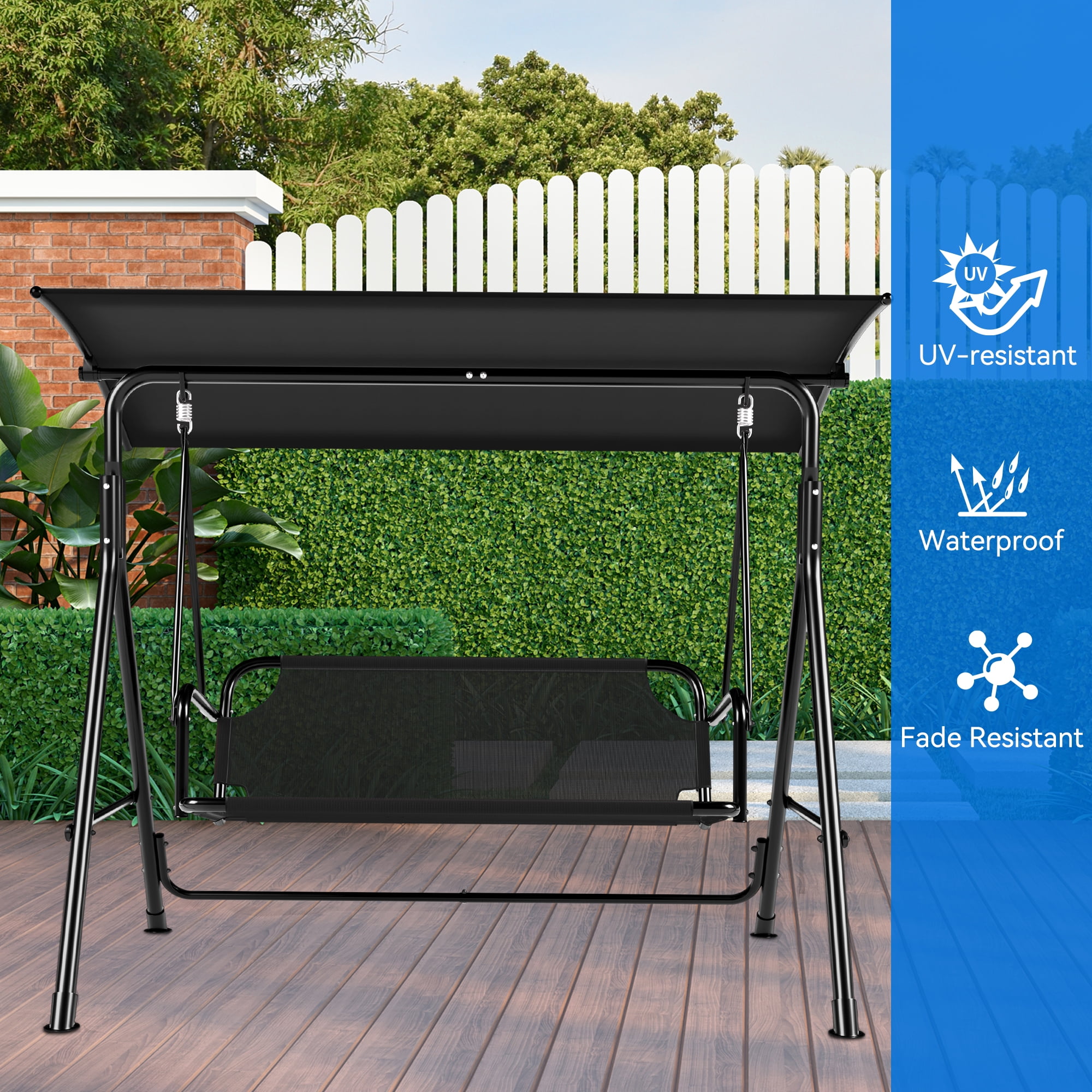 Uforic 3 Person Porch Swing Heavy Duty Outdoor Patio Swing Chair with Adjustable Canopy Weather Resistant Steel Frame for Garden, Lawn, Balcony, Black