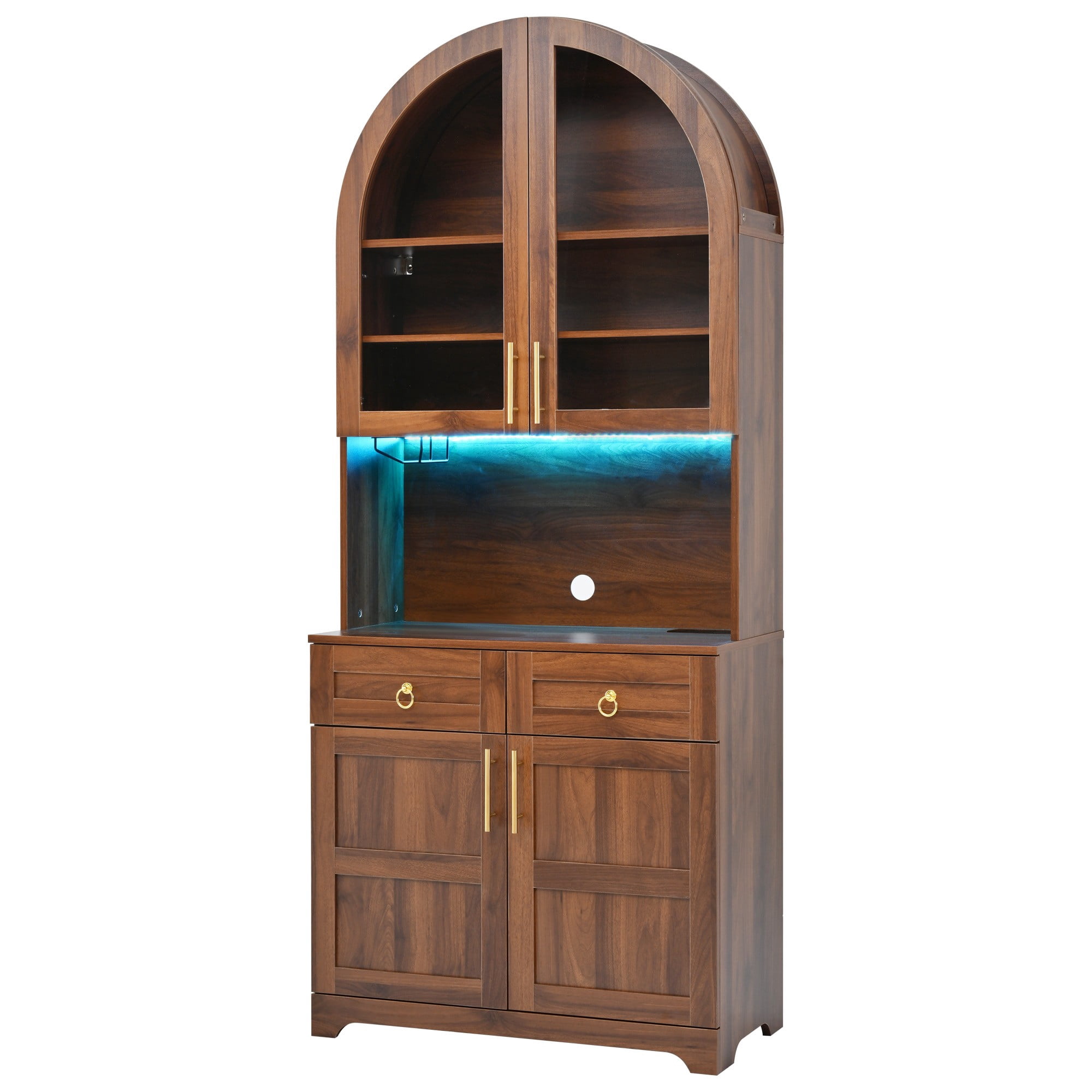 DEALTOPS Freestanding 74.8" Pantry Cabinet with Arched Top, Power Outlets and LED Light, Walnut
