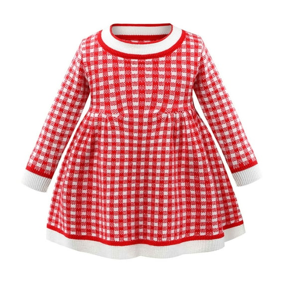 vdgthytj Toddler Girls Sweater Dress Plaid Knitted Crewneck Long Sleeve A-Line Birthday Party Dress Fall Winter Outfits