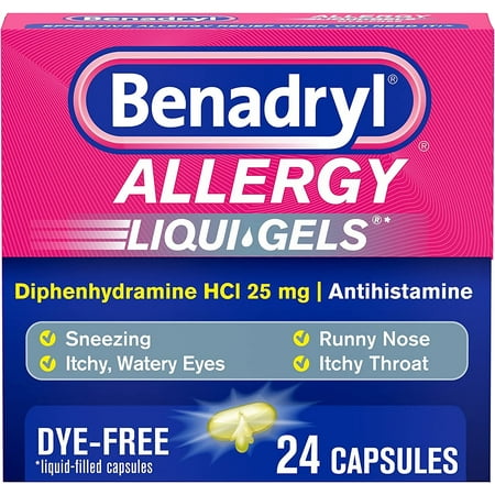 Benadryl Liqui-Gels Antihistamine Allergy Medicine & Cold Relief, Dye Free, 24 ct