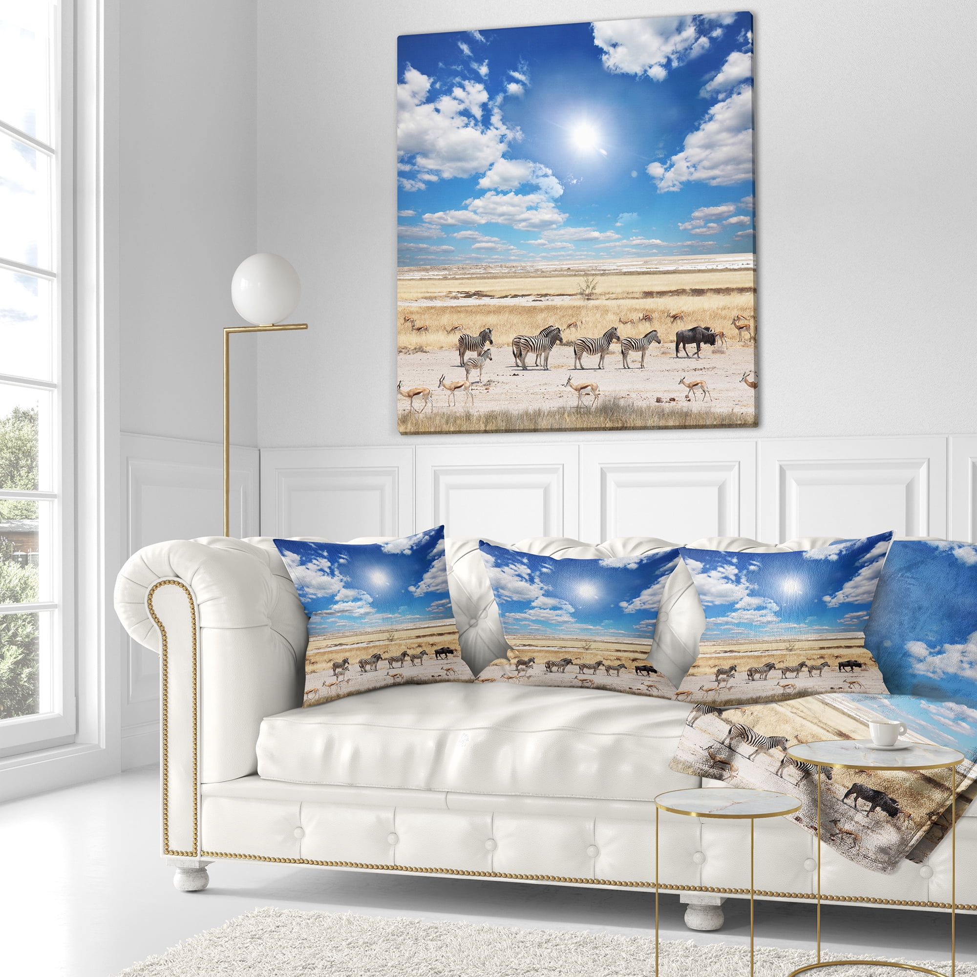 Designart Wandering Zebras under Bright Sky - Landscape Printed Throw Pillow - 18x18