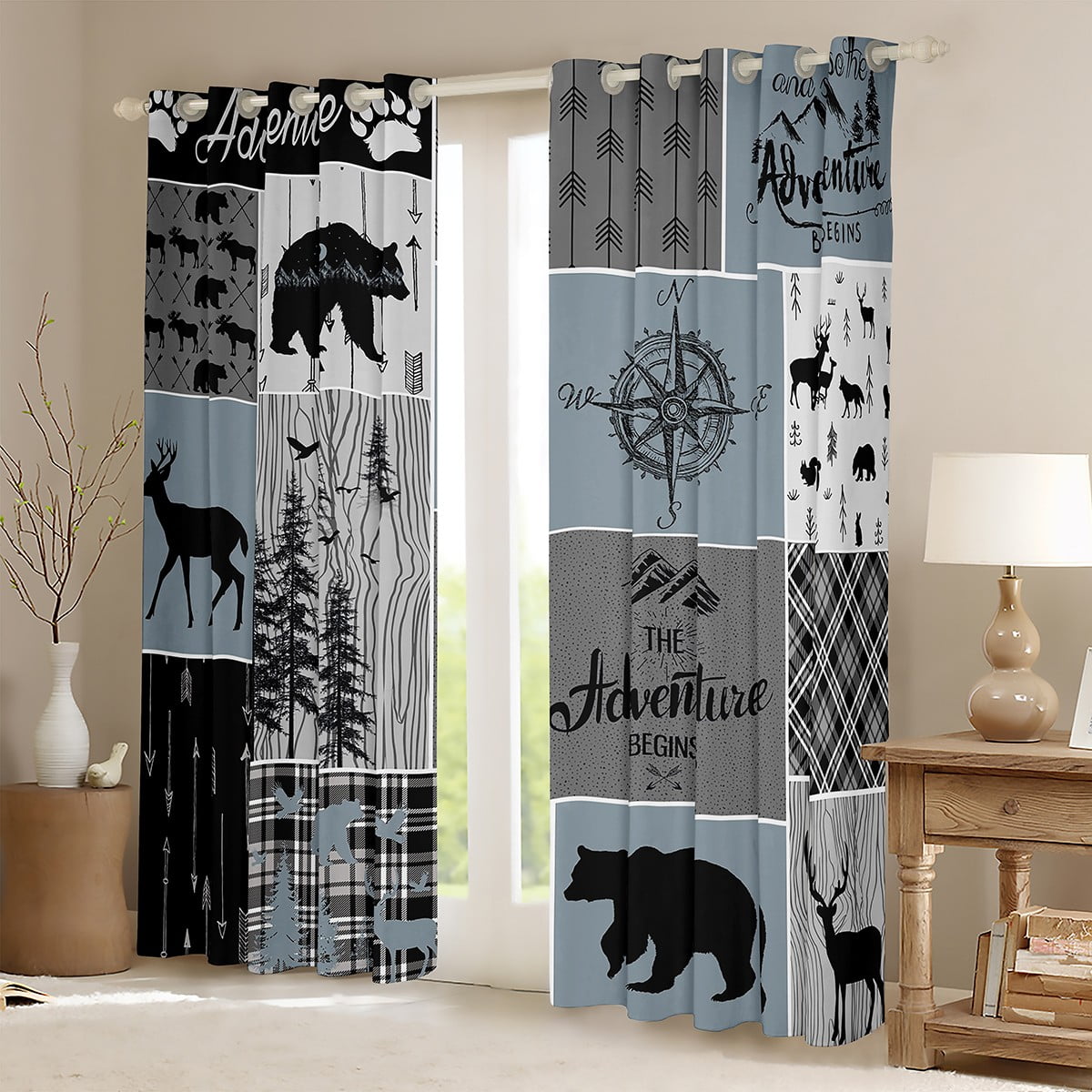 Cabin Rustic Lodge Curtains, Bear Deer Vintage Blackout Curtains Country Farmhouse Patchwork Curtains & Drapes Woodland Geometric Plaid Patchwork Window Curtains 42"Wx63"L 2 Panels, Grey Black