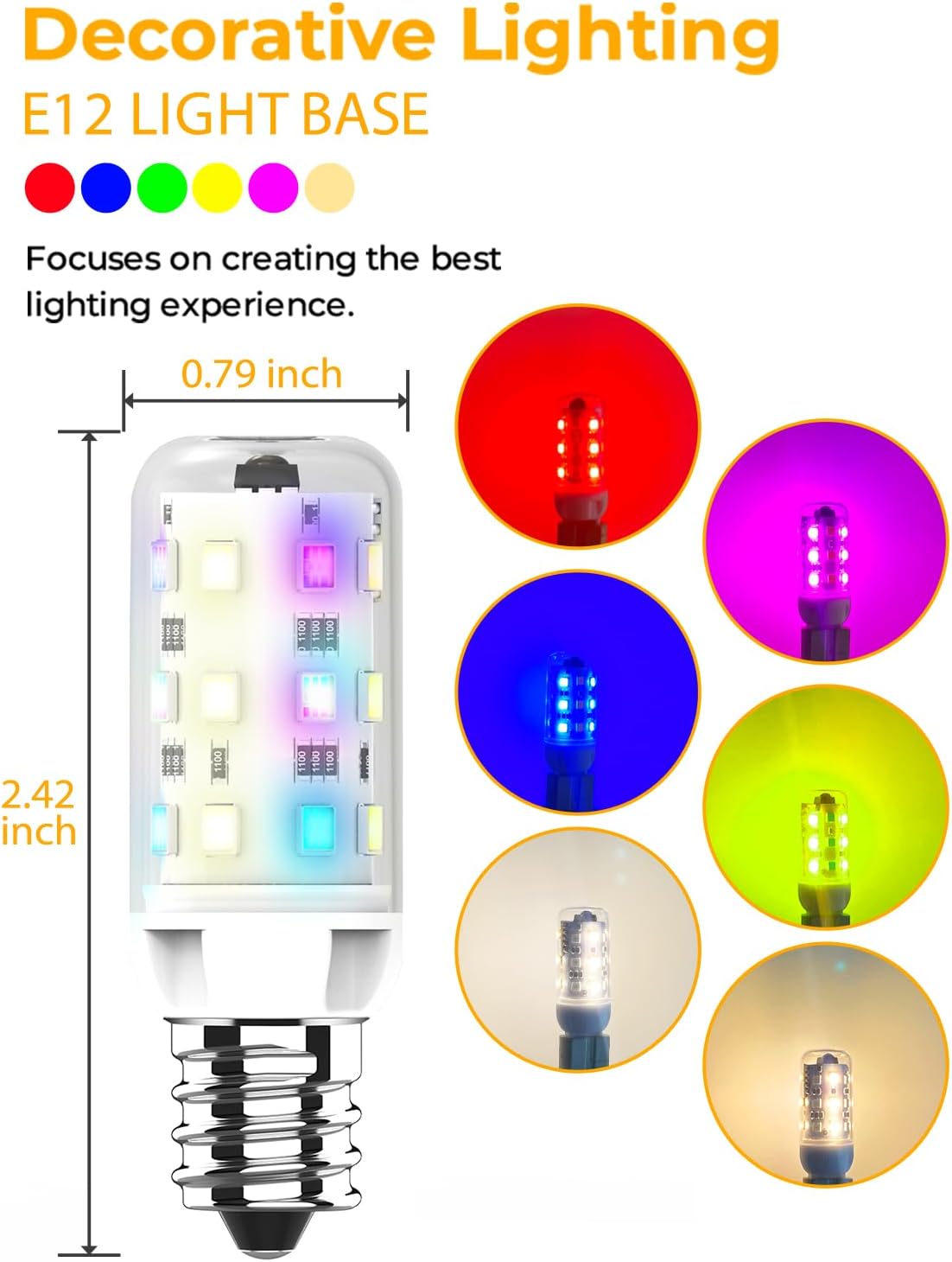 FEFEFW-E12 LED Bulb, 25W Equivalent, Warm White/Cold White/RGB 12 Color Changing, CRI 85+, 4 Auto Cycle Modes, Sync & Memory Function, T4 LED Bulb Dimmable, Efficient 2.5W, AC 120V (E12, 2 Pack)