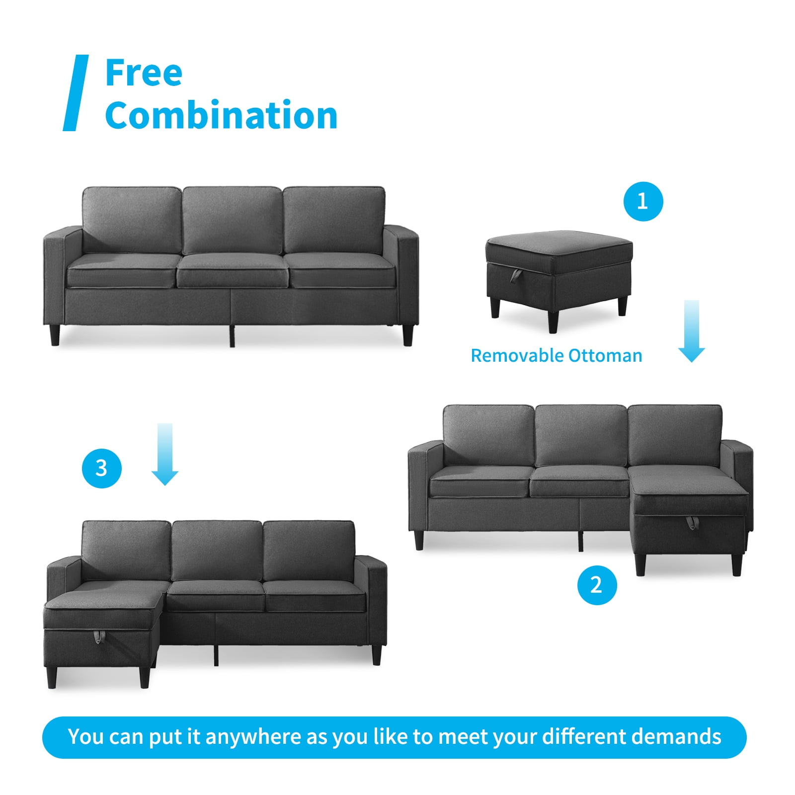 MUZZ 78’’w Small Sectional Sofa and Couch for Living Room, L Shaped 3 Seater Sofa with Storge Ottoman, Convertible Sectional Sofa Couch for Small Space, Dark Grey