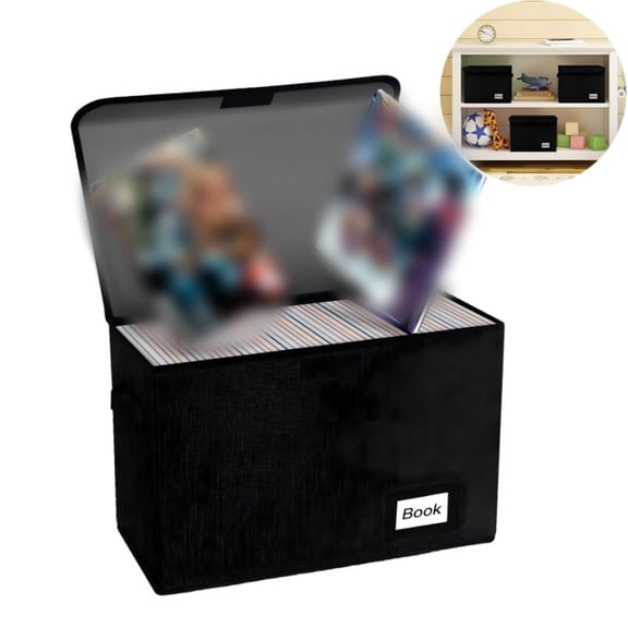 Collapsible Comic Book Storage Box, 15.8" x 7.8" x 11.8", Holds 160-180 Comics, Heavy Duty Organizer Bin Container with Shelf and Holder, Black
