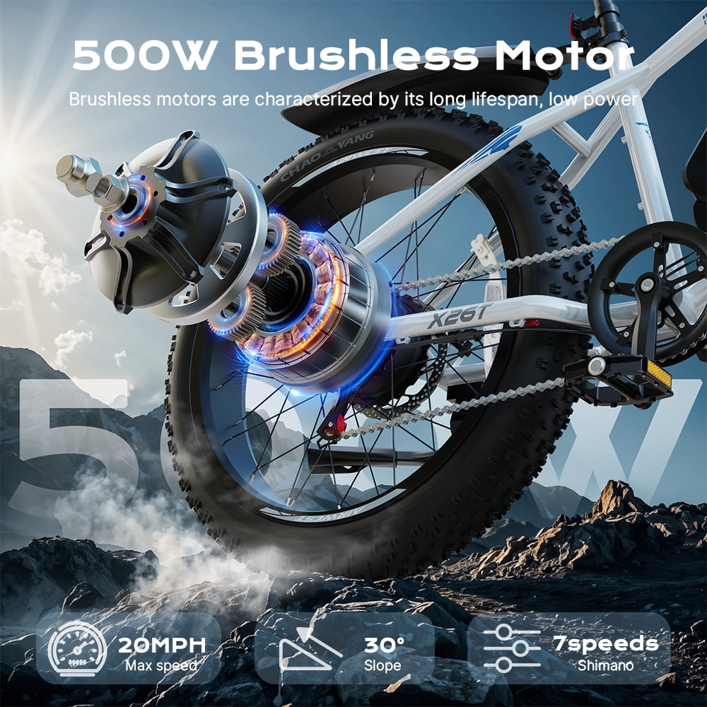 AIRWEST 26" Fat Tire Electric Mountain Bike for Adults, 750W Peak Motor, 48V 13Ah Removable Battery, 7-Speed, All-Terrain E-Bike for Snow, Sand & Trails, Up to 25MPH，UL2849