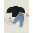thumbnail image 4 of Qmyliery 2 Pcs Infant Pants Set, Girls Solid Color Hollow-out Puff Sleeve Round Neck Pullover + Tie-up Solid Color Jeans,1-6 Years, 4 of 9