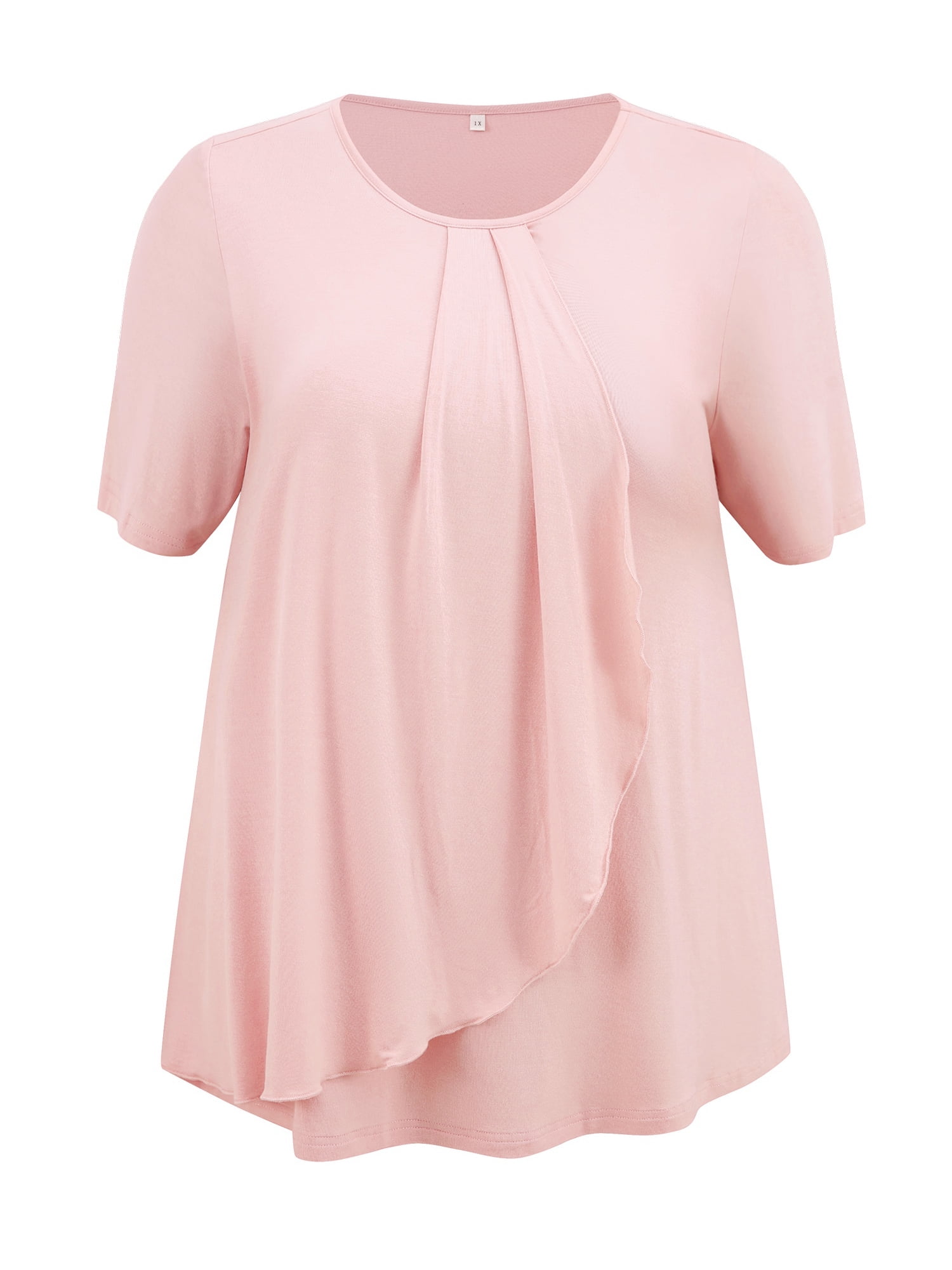 DARING DIVA Women's Plus Short Sleeve Pleated Tulip Hem Casual Top 3X Pink