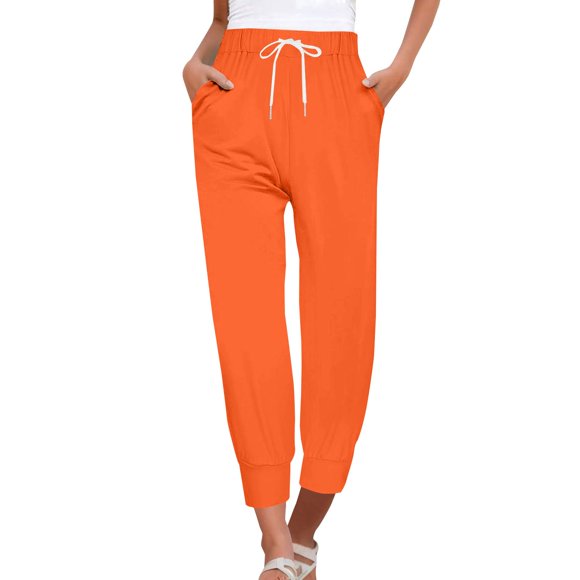 ManxiVoo Y2K Aesthetic Women's Sweatpants Cropped Casual Drawstring Elastic Waist Lounge Pants Summer Outfit M Size Orange